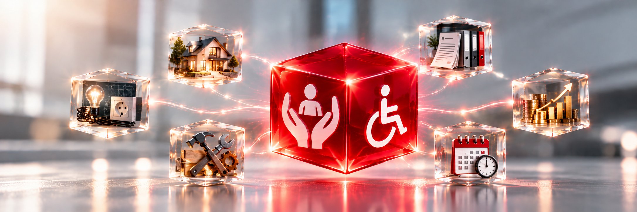 Leuchtender roter Würfel mit Rollstuhl-Symbol und schützenden Händen, verbunden mit Glaswürfeln für Zuhause, Administration, Finanzen, Termine, Handwerk und Elektro