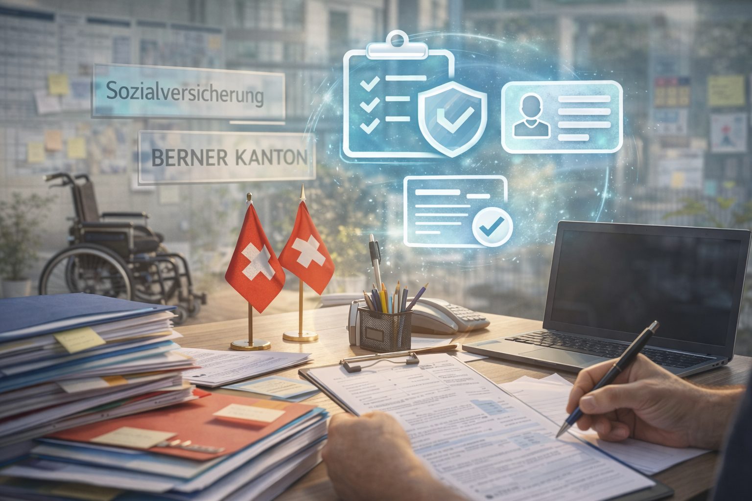 Schreibtisch mit Schweizer und Berner Flagge, Aktenstapeln und digitalen Symbolen für Sozialversicherung und Behördengänge